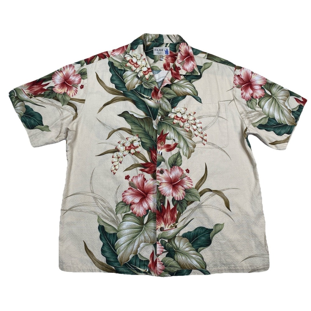 Iolani Hawaiian Aloha Button Up Shirt Hibiscus Floral Made In‎ Hawaii Men's XL